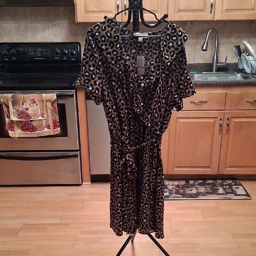 Michael Kors Brown and Black Leopard-Print Tie-Waist Midi Dress